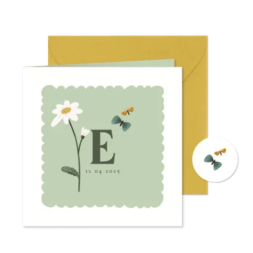 Geboortekaart met geboortebloem april: madeliefje